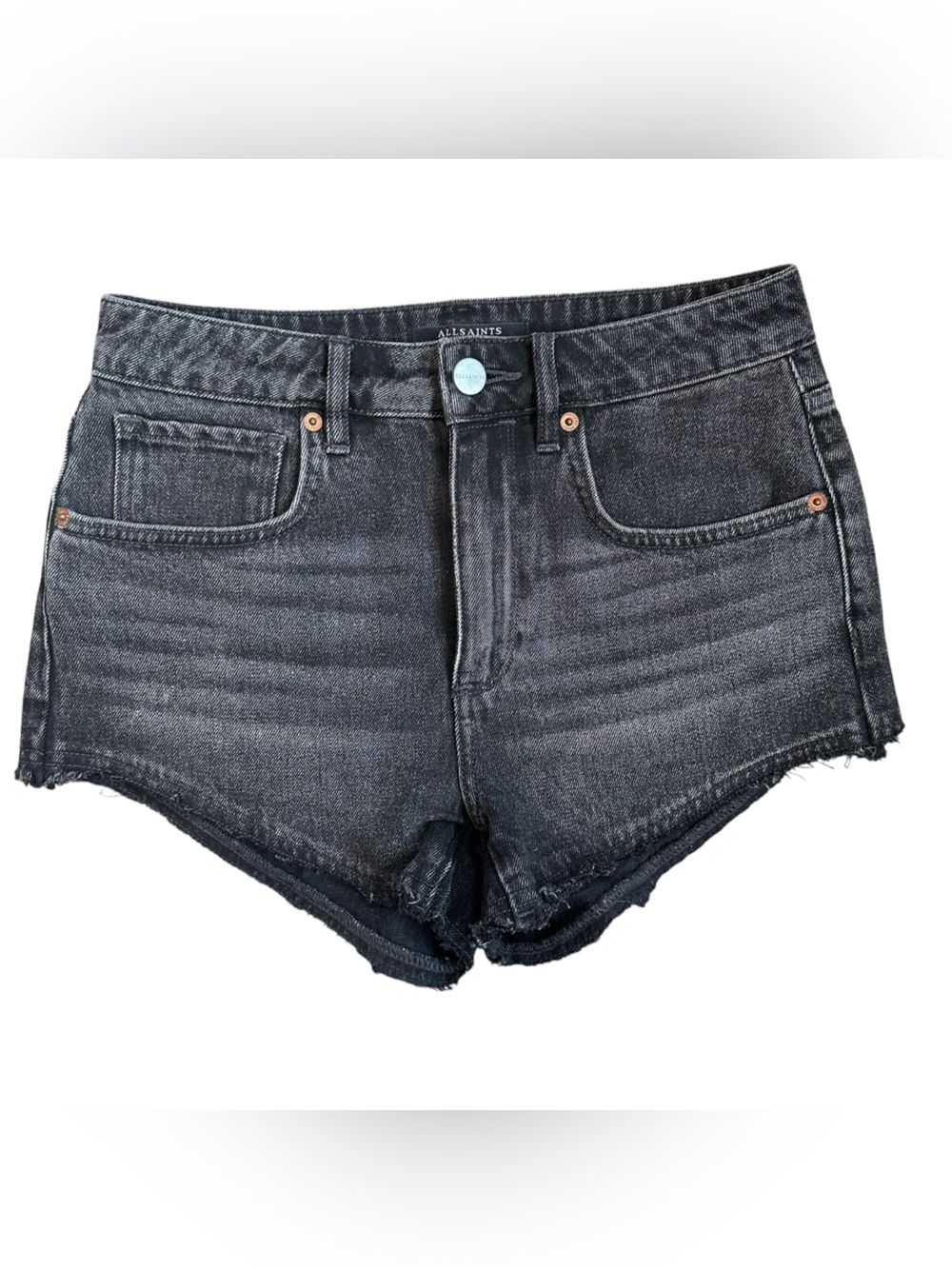 All Saints Astrid Fray Faded Gray-ish Black Raw Hem Zipper Fly Shorts Size 24